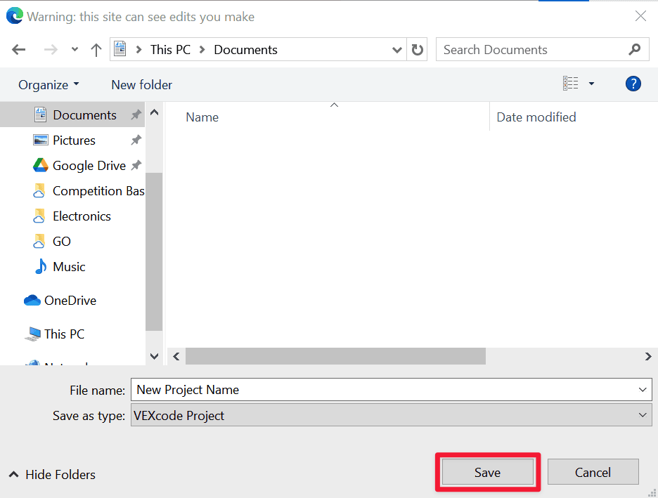 La misma ventana de diálogo para guardar archivos de Windows, esta vez con el botón Guardar en la esquina inferior derecha resaltado indicando qué seleccionar para guardar el proyecto en el dispositivo.