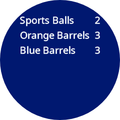 Un fondo circular azul oscuro muestra tres líneas de texto blanco que enumeran las pelotas deportivas 2, los barriles naranjas 3 y los barriles azules 3. Los números están alineados a la derecha de cada etiqueta.