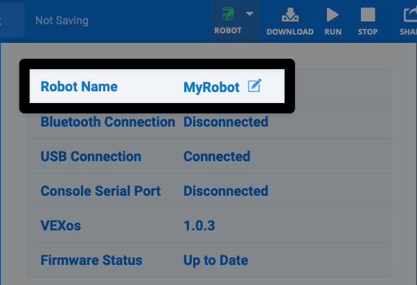 The same Robot dialog box as before, but now the Robot Name reads My Robot on the first line.