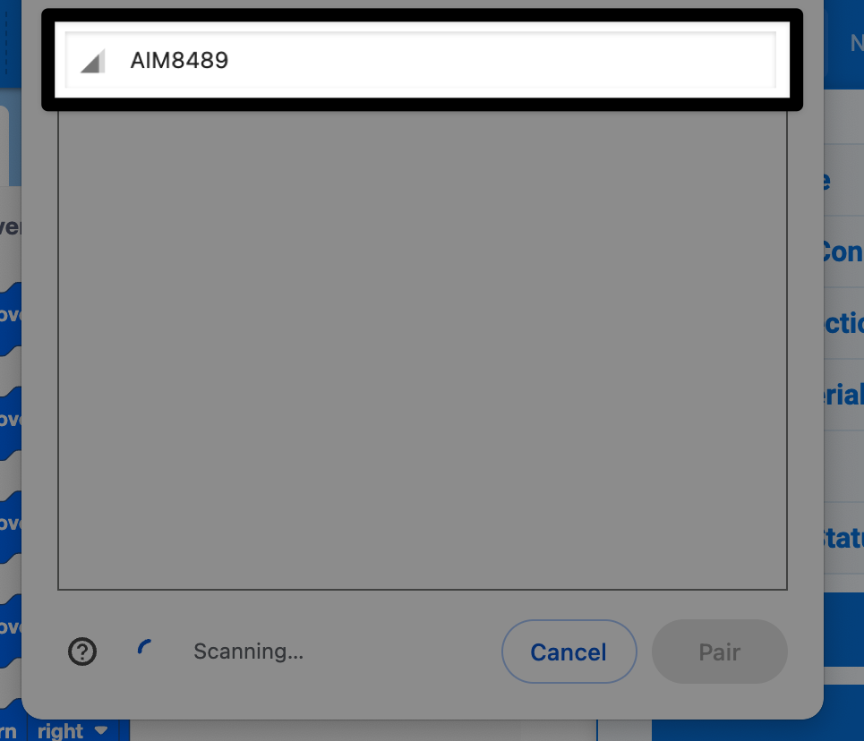 Un cuadro de diálogo muestra el AIM8489 en una lista de dispositivos para emparejar. Está resaltado.