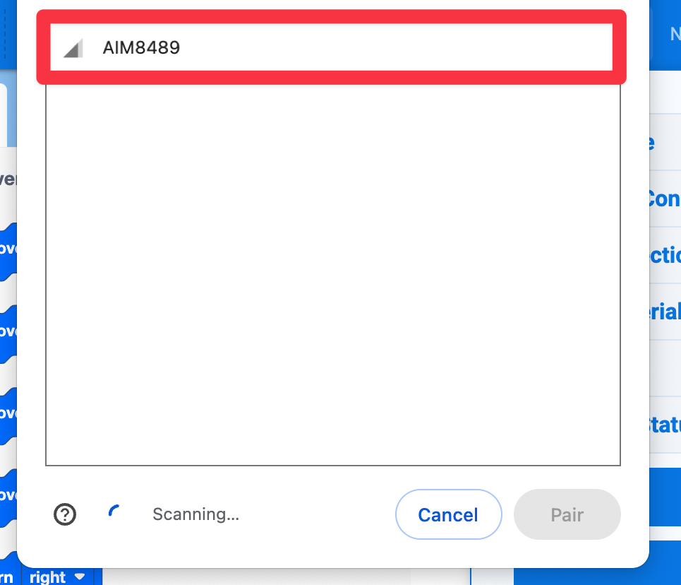 Un cuadro de diálogo muestra el AIM8489 en una lista de dispositivos para emparejar. Está resaltado.