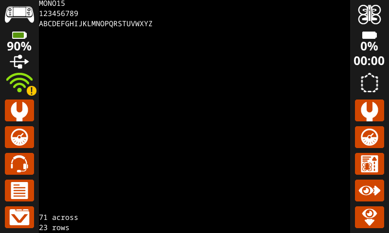 El controlador imprimió números y letras en la fuente MONO 15. En la parte inferior de la pantalla, tiene 70 caracteres de ancho y 28 filas.