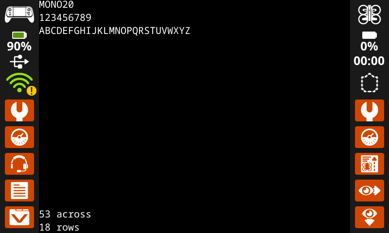 El controlador imprimió números y letras en la fuente MONO 20. En la parte inferior de la pantalla, tiene 52 caracteres de ancho y 22 filas.