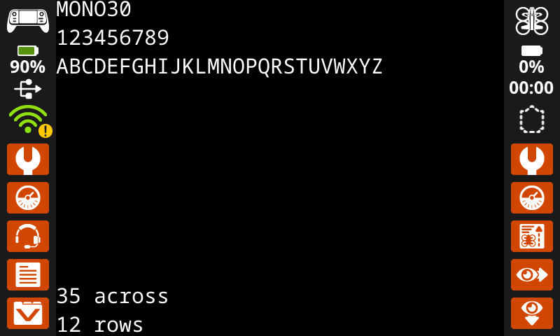 El controlador imprimió números y letras en pantalla con la fuente MONO 30. En la parte inferior de la pantalla, tiene 34 caracteres de ancho y 14 filas.