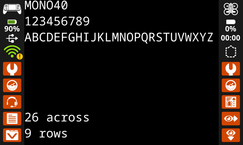 El controlador imprimió números y letras en pantalla con la fuente MONO 40. En la parte inferior de la pantalla, tiene 25 caracteres de ancho y 11 filas.