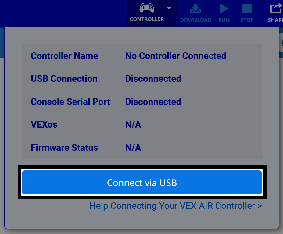 En el menú desplegable del dron de VEXcode, hay un cuadro resaltado para Conectar mediante USB.
