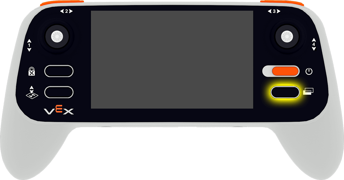 Front view of a VEX AIR Drone controller with the right-side Change View button highlighted in yellow.