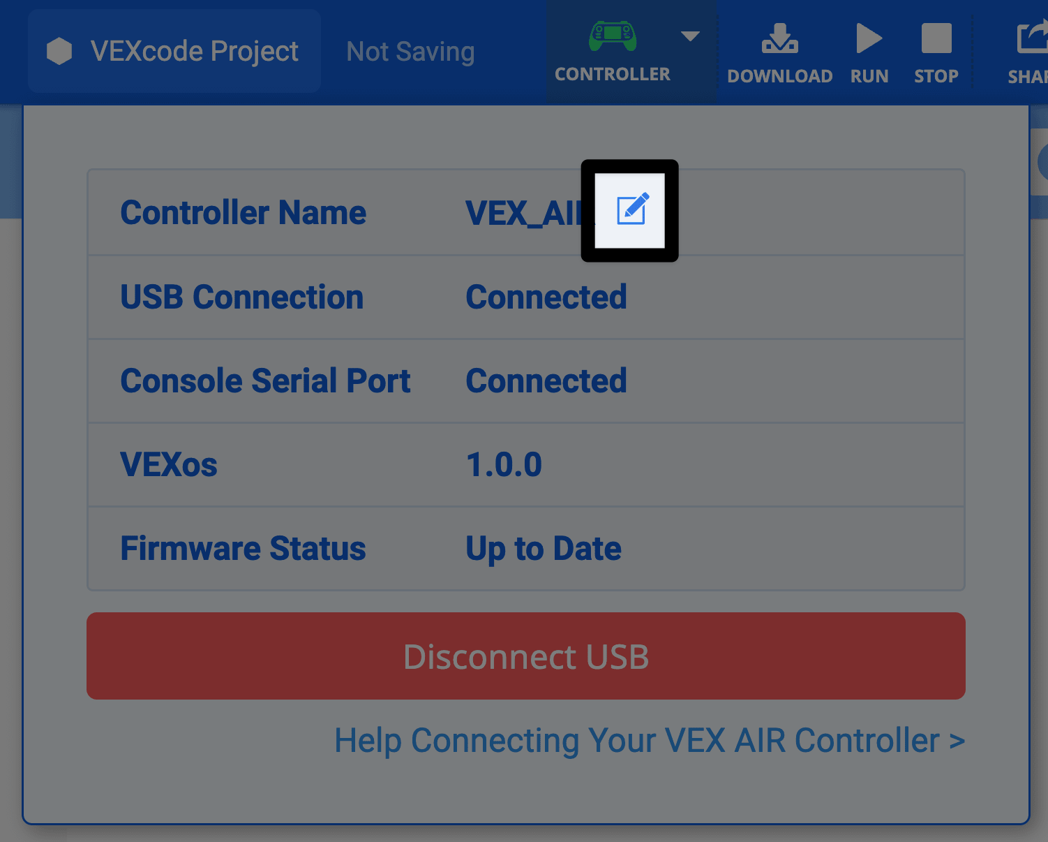 Edite el nombre del controlador en la parte superior derecha de la pantalla VEXcode AIR.