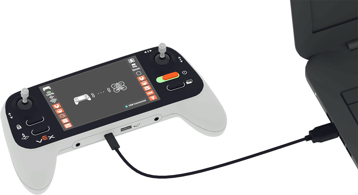 Controlador AIR a la izquierda de una computadora portátil con un cable que conecta los dos dispositivos electrónicos.
