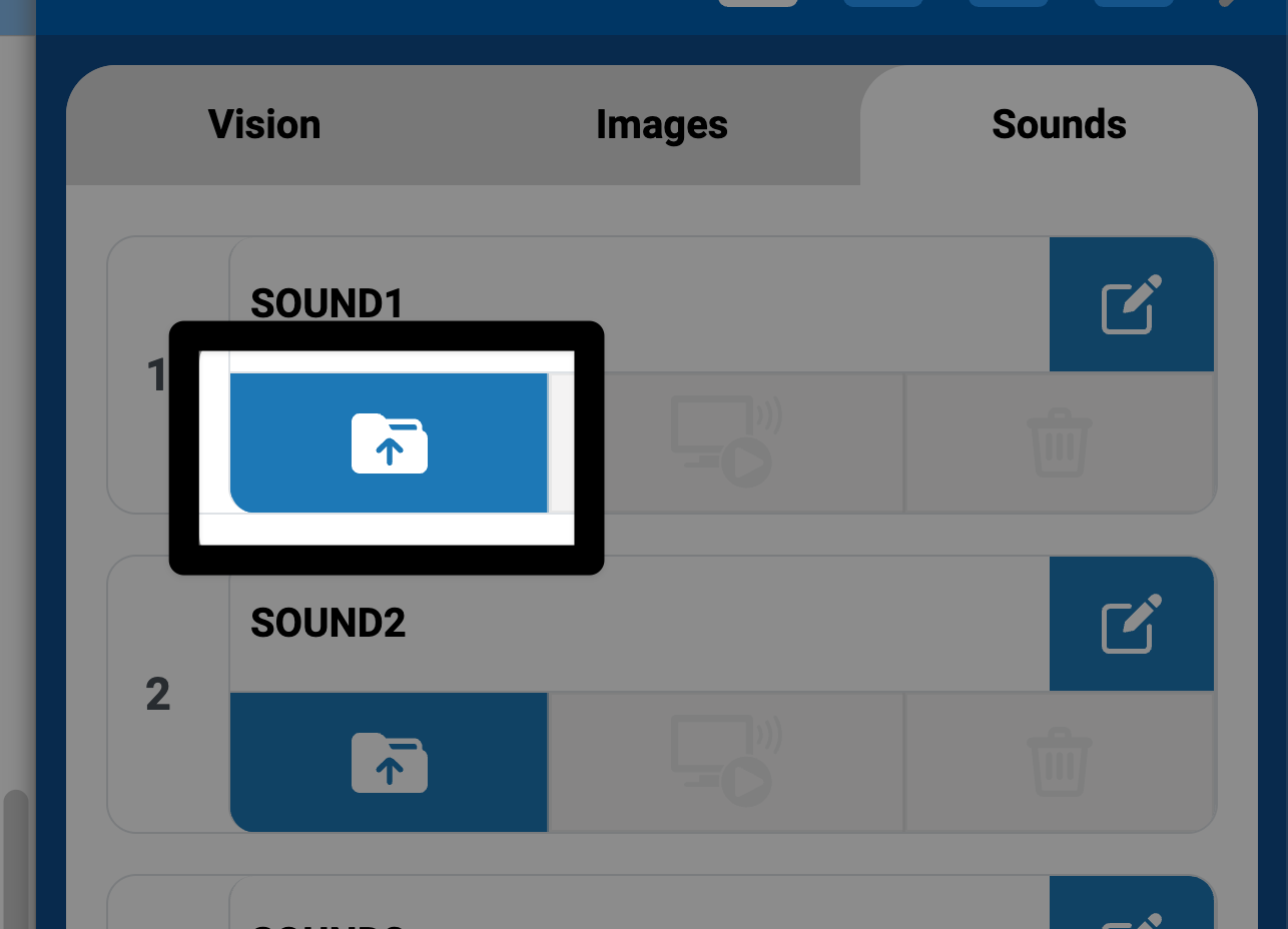 Cargar icono en la pestaña Sonidos del Panel de control de VEXcode AIR.