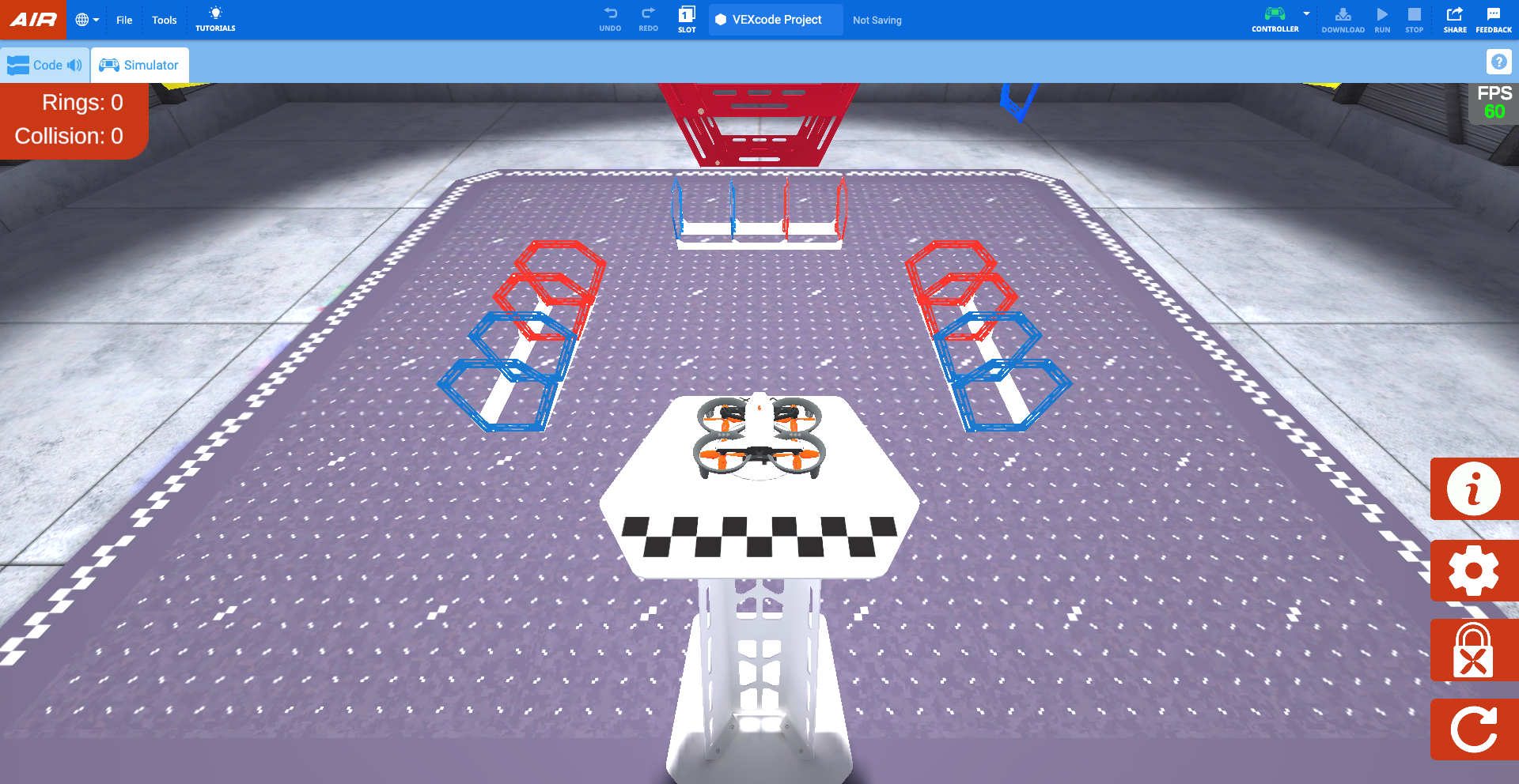 Top-down view of the drone simulator with a VEX AIR Drone on a starting platform, red and blue ring obstacles, score counters for rings and collisions, and an FPS indicator.