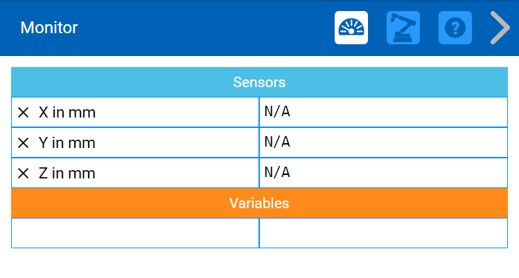 Una imagen de la consola de monitoreo que se encuentra dentro de VEXcode CTE, que muestra los valores monitoreados para x, y y z en milímetros.