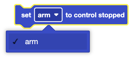 Interfaz de bloque de detención de control de brazo de 6 ejes, utilizada para detener el movimiento del brazo en programación robótica.