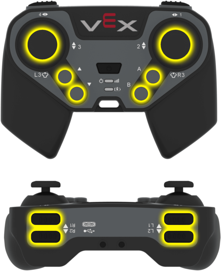 The front and top side of the EXP Controller with the joysticks, arrow buttons, and action buttons highlighted in yellow. On the surface of the controller are two joysticks on the left and right, with up and down arrow buttons on the left and A and B buttons on the right. On the top of the controller are L1 and L2 on the left side and R1 and R2 on the right side.