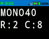 The Brain's screen printed numbers and letters with size MONO 40 font. On the bottom of the screen, it says R:2 C:8.