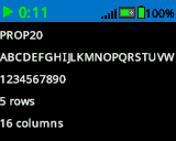 The Brain's screen printed numbers and letters with size PROP 20 font. It shows A through W and all numbers. On the bottom of the screen, it says 5 rows, 16 columns.