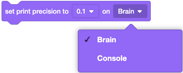 Imagen que ilustra el bloque Establecer precisión de impresión para ajustar los decimales en la salida de pantalla del EXP Brain.