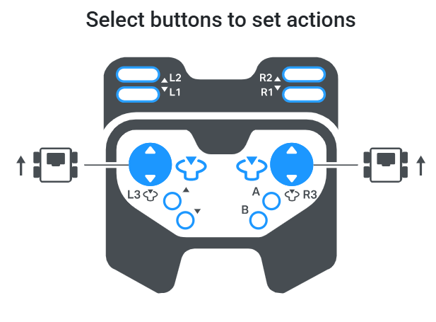 Captura de pantalla de la pantalla de selección de botones para configurar las acciones, que muestra los joysticks izquierdo y derecho configurados para controlar cada uno su propio lado del sistema de transmisión.