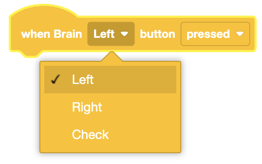 Imagen del bloque "Cuando se presiona el botón cerebral" utilizado en VEXcode para activar acciones cuando se presiona o se suelta el botón cerebral.