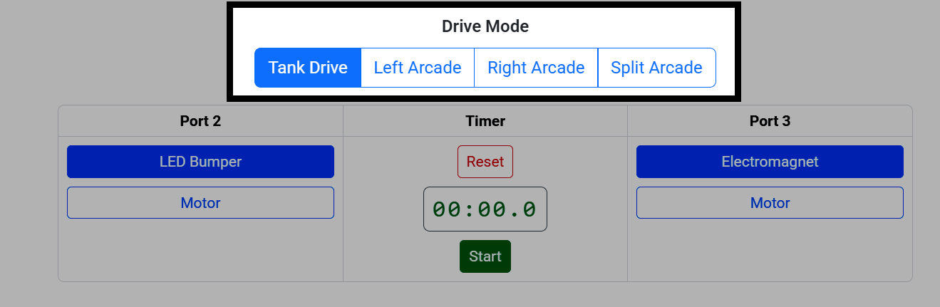 Screenshot of Drive mode, with the Drive Mode selector highlighted, showing Tank Drive, Left Arcade, Right Arcade, and Split Arcade options.