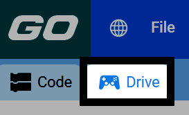 Screenshot of the VEXcode GO window, with the Drive tab highlighted next to the Code tab.