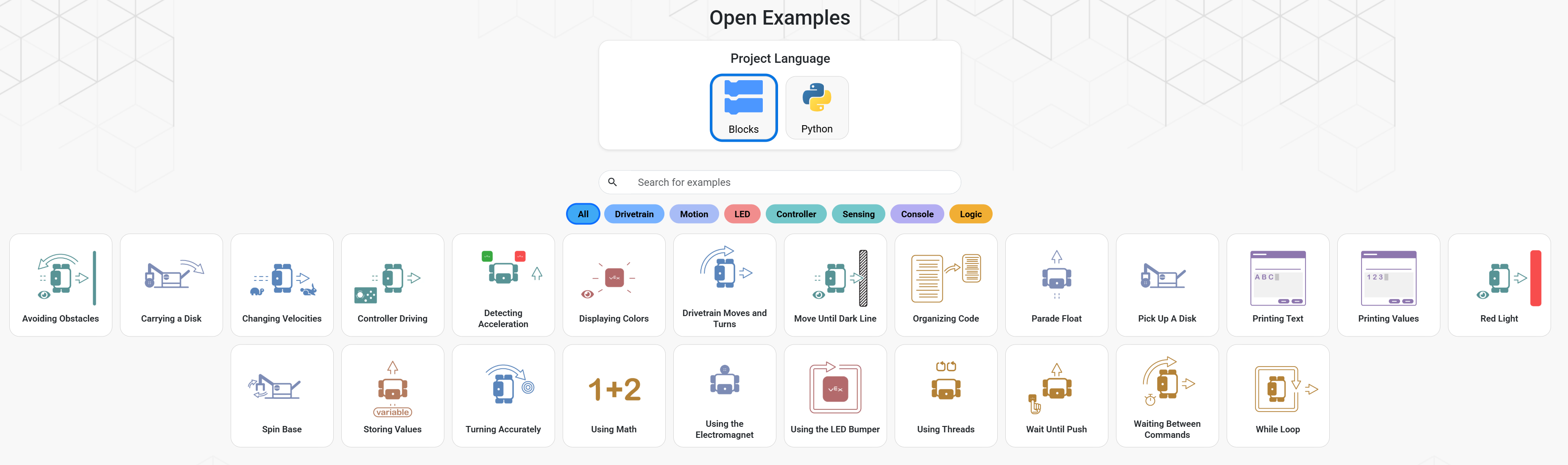 Screenshot of the Open Examples page, showing a grid of example projects with category filters.