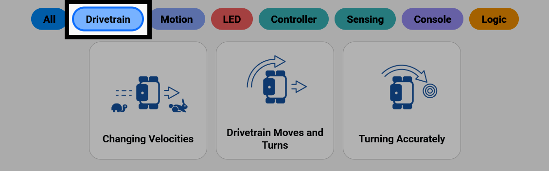 Screenshot of the Open Examples page, with the Drivetrain filter highlighted and its matching example projects shown.