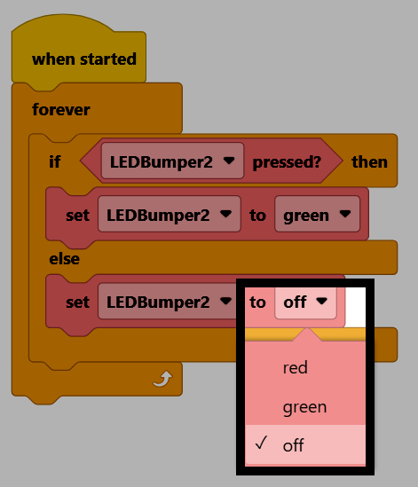 Screenshot of the finished project, with the else branch's Set Bumper color block's dropdown open, showing red, green, and off options, and off selected.
