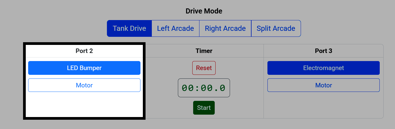 Screenshot of Drive mode, with the Port 2 device selector highlighted, showing LED Bumper and Motor options.
