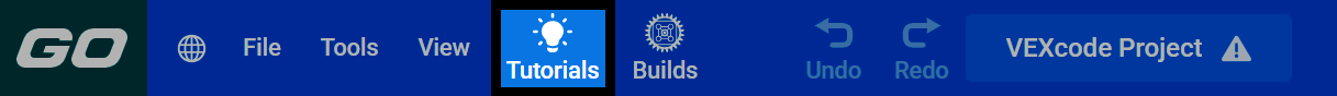 Screenshot of the VEXcode GO toolbar, with the Tutorials button highlighted.