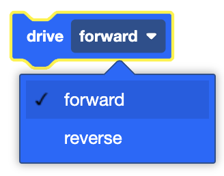 A notched blue coding block with a yellow highlight around it containing the text "drive forward" written in white. There is a dropdown menu on the right side labeled "forward." Below the block, an expanded dropdown menu shows the options "forward" (with a checkmark) and "reverse.