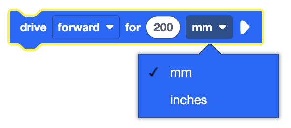 A notched blue coding block with a yellow highlight around it containing the text "drive forward for 200 mm" written in white. There are three elements: a dropdown menu labeled "forward," the number "200" displayed in a white oval, and a dropdown menu labeled "mm." A small arrow points to the right at the end of the block. Below the block, an expanded dropdown menu shows the options "mm" (with a checkmark) and "inches.