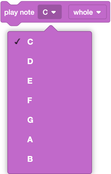 A notched pink coding block with the text "play note C whole" written in white. There are two dropdown menus: one labeled "C" and the other labeled "whole." Below the block, an expanded dropdown menu shows musical note options including "C" (with a checkmark), "D," "E," "F," "G," "A," and "B.