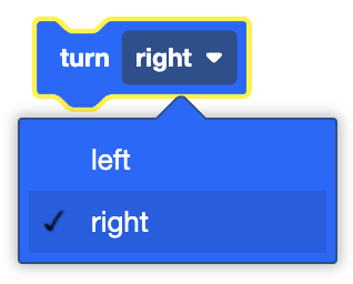 A notched blue coding block with a yellow highlight around it containing the text "turn right" written in white. There is a dropdown menu on the right side labeled "right." Below the block, an expanded dropdown menu shows the options "left" and "right," with "right" selected and marked with a checkmark.