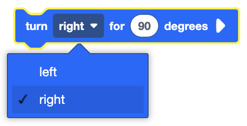 A notched blue coding block with a yellow highlight around it containing the text "turn right for 90 degrees" written in white. There are three elements: a dropdown menu labeled "right," the number "90" displayed in a white oval, and the word "degrees." A small arrow points to the right at the end of the block. Below the block, an expanded dropdown menu shows the options "left" and "right," with "right" selected and marked with a checkmark.