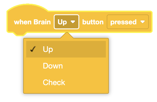 Un bloque amarillo con muescas etiquetado 'cuando se presiona el botón Brain Up' con un menú desplegable abierto debajo de 'Arriba', que muestra las opciones 'Arriba', 'Abajo' y 'Verificar'.