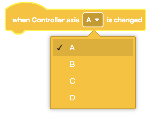 Un bloque con muescas de color amarillo etiquetado 'cuando se cambia el eje A del controlador', con un menú desplegable abierto, que muestra las opciones A, B, C y D, con A seleccionada.
