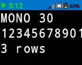 Una pantalla denominada MONO 30 muestra dos líneas de dígitos seguidas del texto 3 filas.
