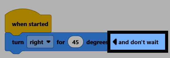 Screenshot of the turn for block's expand arrow highlighted, showing the and don't wait option.