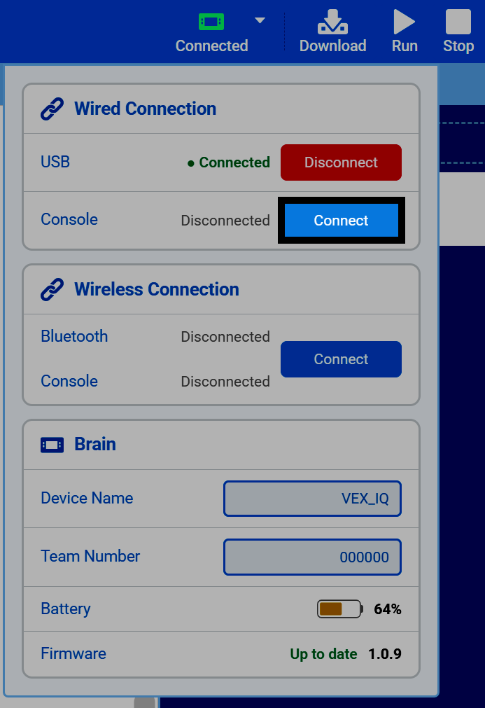 Screenshot of the Connect dialog with USB already connected, and the Connect button under the Wired Connection section for Console highlighted.