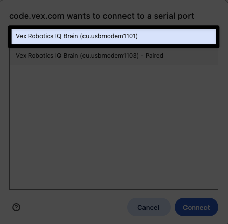 Screenshot of the browser's serial port dialog on Mac, with the option that has the lowest number highlighted.