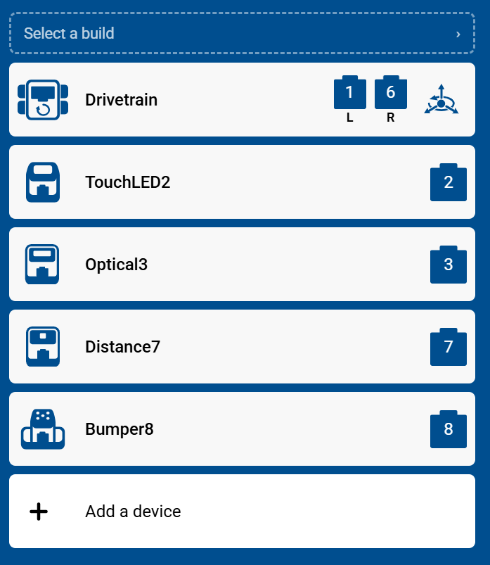 Screenshot of the Devices tab, showing the Drivetrain, TouchLED2, Optical3, Distance7, and Bumper8 devices added from the build.