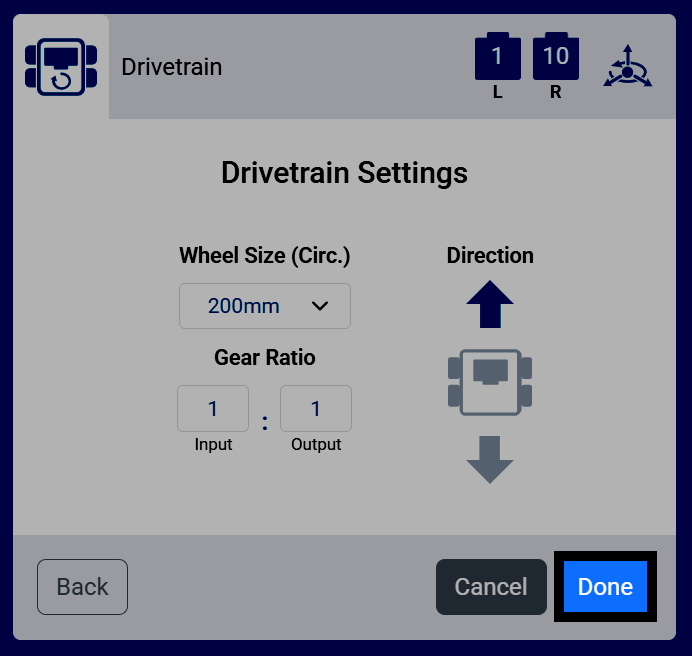 Screenshot of the Drivetrain Settings screen, with the Done button highlighted.