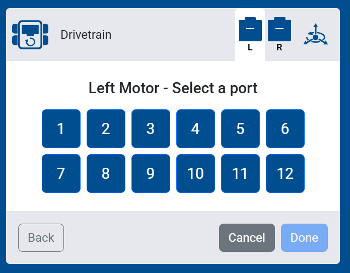 Screenshot of the Left Motor port selection screen, showing ports 1 through 12 to choose from.