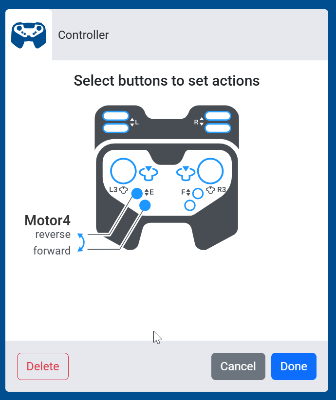 Screenshot of the Select buttons to set actions screen, showing the E up and down buttons set to control Motor4's forward and reverse directions.
