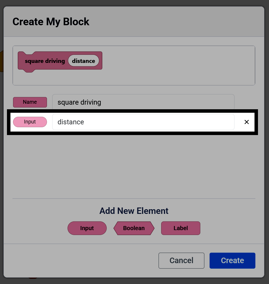 Screenshot of the Create My Block dialog, with an Input element named distance highlighted.