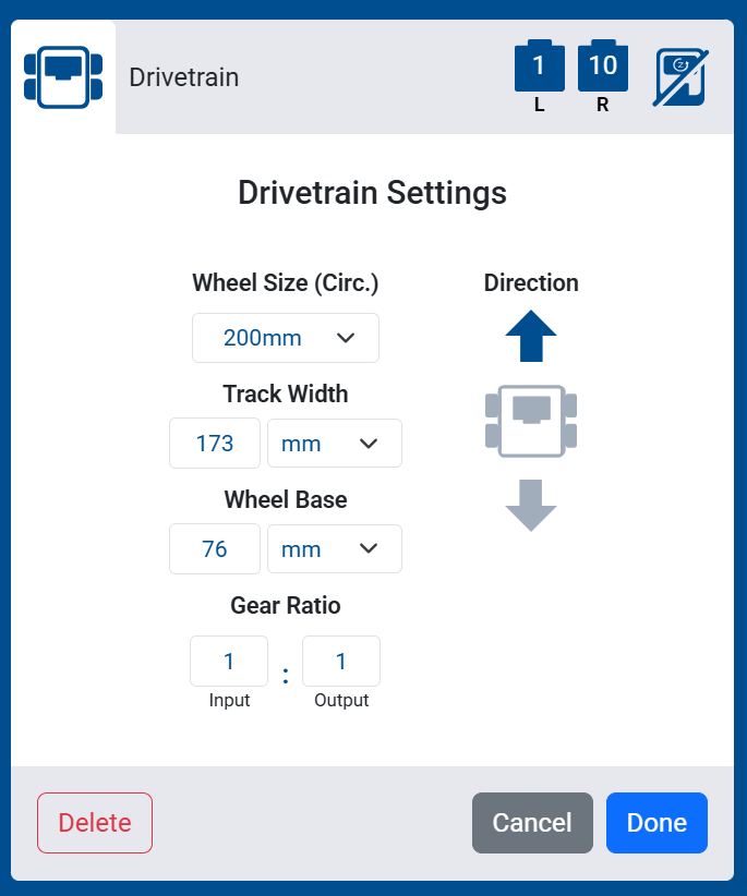 Screenshot of the Drivetrain Settings screen for a Drivetrain with No Sensor, showing the additional Track Width and Wheel Base options.