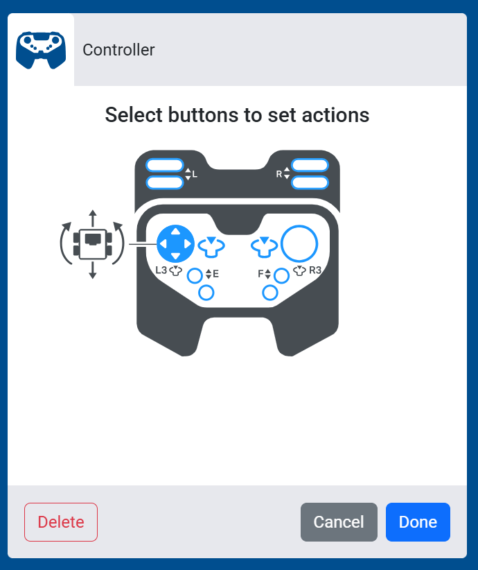 Screenshot of the Select buttons to set actions screen, showing the left joystick set to control the Drivetrain's movement and turning together.