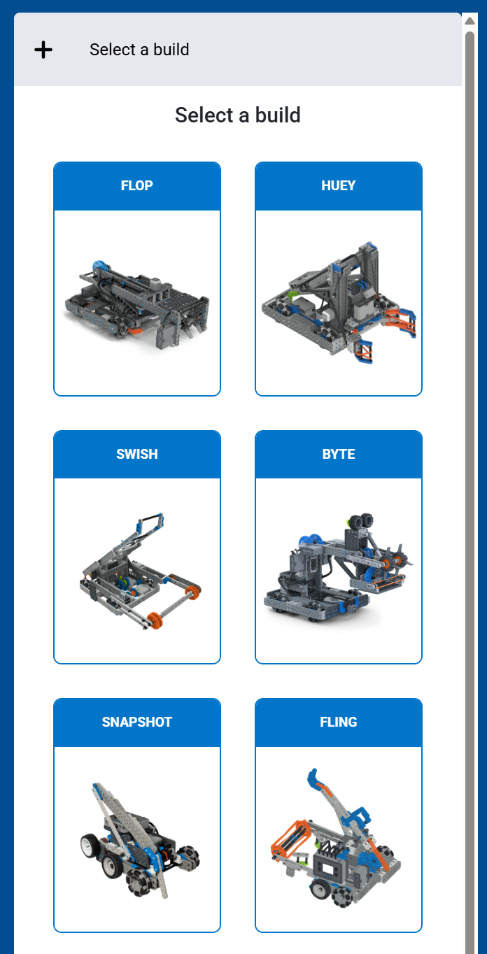 Screenshot of the Select a build screen, showing a grid of available robot builds.