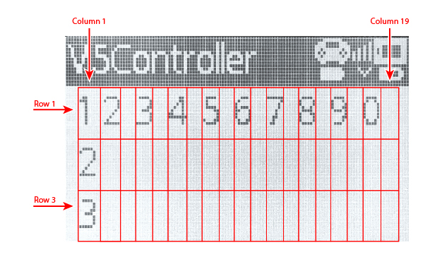 Pantalla V5 Brain que muestra las filas y columnas disponibles para imprimir texto con diferentes tamaños de fuente y configuraciones.